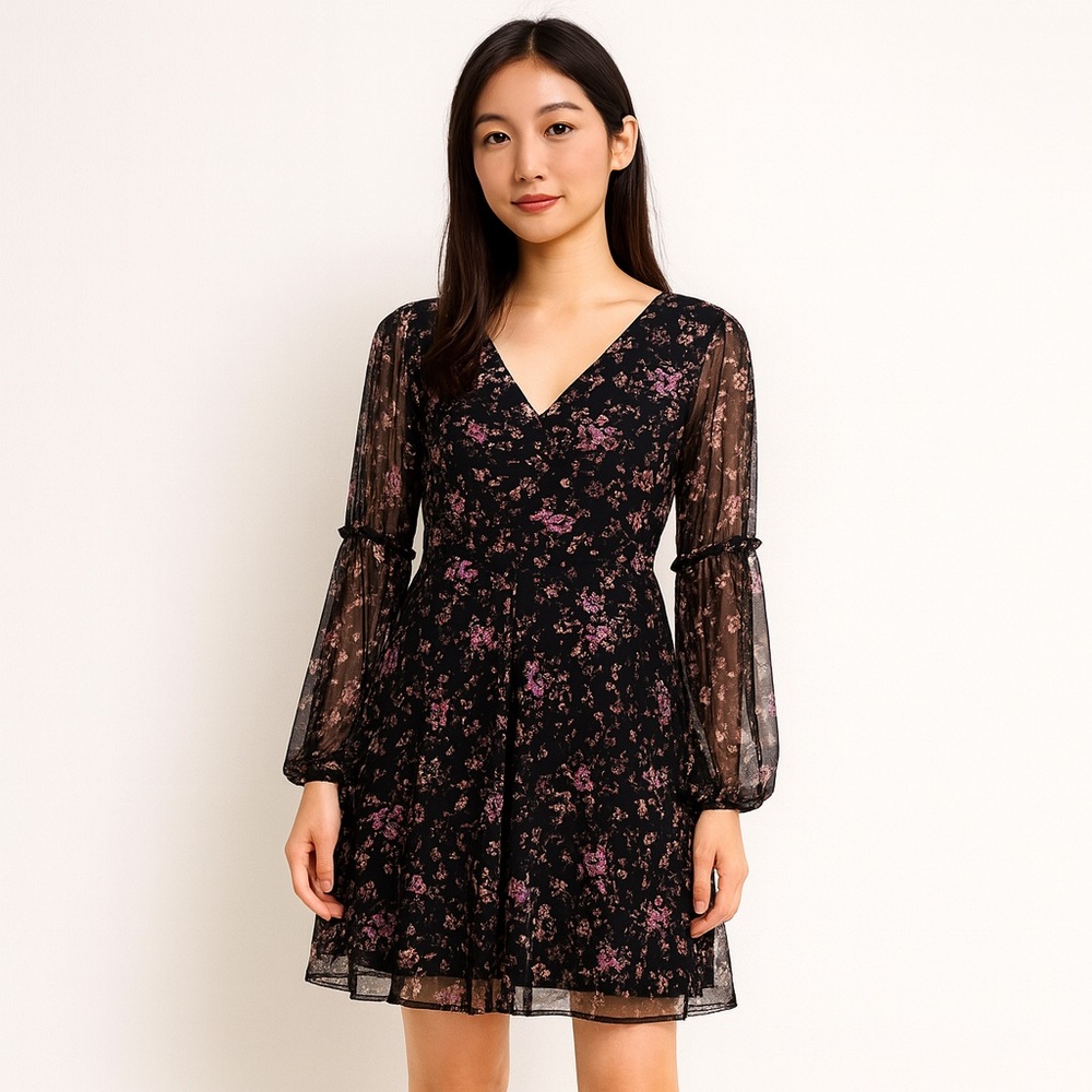 American Rag Black Floral Sheer Sleeve Fit & Flare Summer A-Line Dress - Small